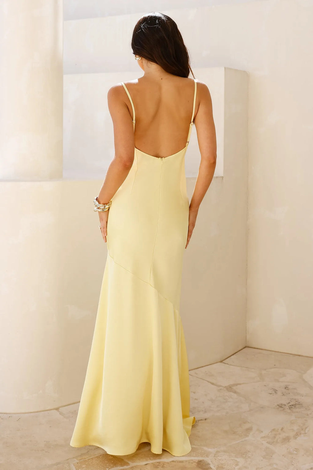 Yellow Sheath Sweetheart Neck Spaghetti Straps Open Back Floor-Length Prom Dresses