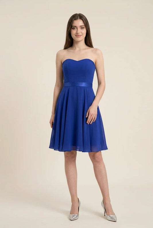 Beautiful Timeless Elegant Royal Blue Chiffon A-Line Strapless Pleated Short Homecoming Dress