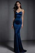 Navy Blue Mermaid V-Neck Spaghetti Strap Up Floor-Length Prom Dresses