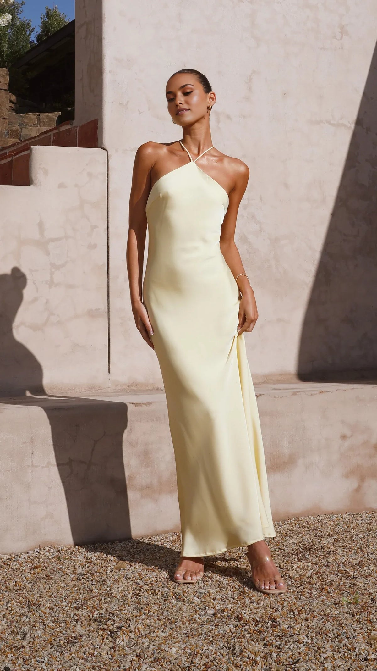 Yellow Sheath Halter Neckline Sleeveless Crossover Tie Up Back Backless Ankle -Length Prom Dresses