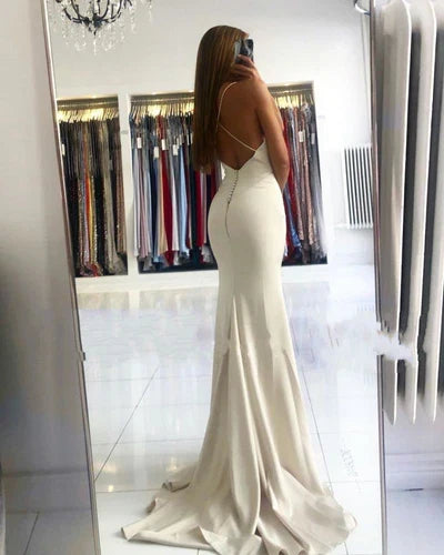 Ivory style V-neck Mermaid Spaghetti Strap Evening Dress