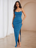 Blue Sky - Glitter Mermaid Prom Dress Cowl Neckline Spaghetti Straps Side Slit for a Dazzling Gala Entrance