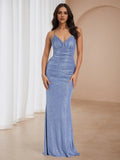 Sky Blue Glitter Mermaid Prom Dress Spaghetti Straps Ruched Bodice Club Inspired Glam for Night Dances