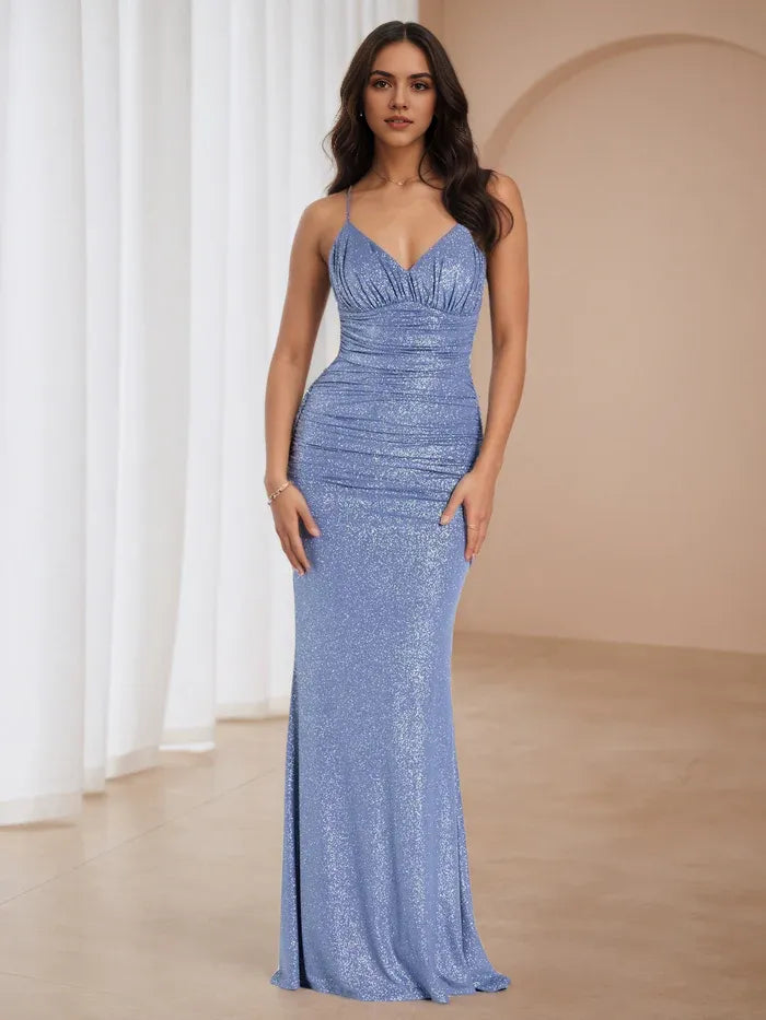 Sky Blue Glitter Mermaid Prom Dress Spaghetti Straps Ruched Bodice Club Inspired Glam for Night Dances