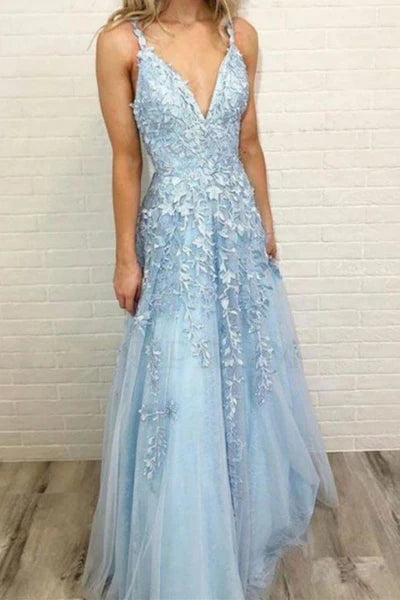 Sky Blue Prom Dresses Deep V-neck A Line Long Party Elegant Floor Length Women Evening Gowns