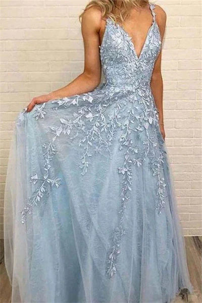 Sky Blue Prom Dresses Deep V-neck A Line Long Party Elegant Floor Length Women Evening Gowns