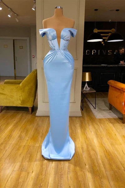 Elegant Sky-Blue Mermaid Off-the-Shoulder Classic-Sleeve Classic-Back Floor-Length Evening Dress