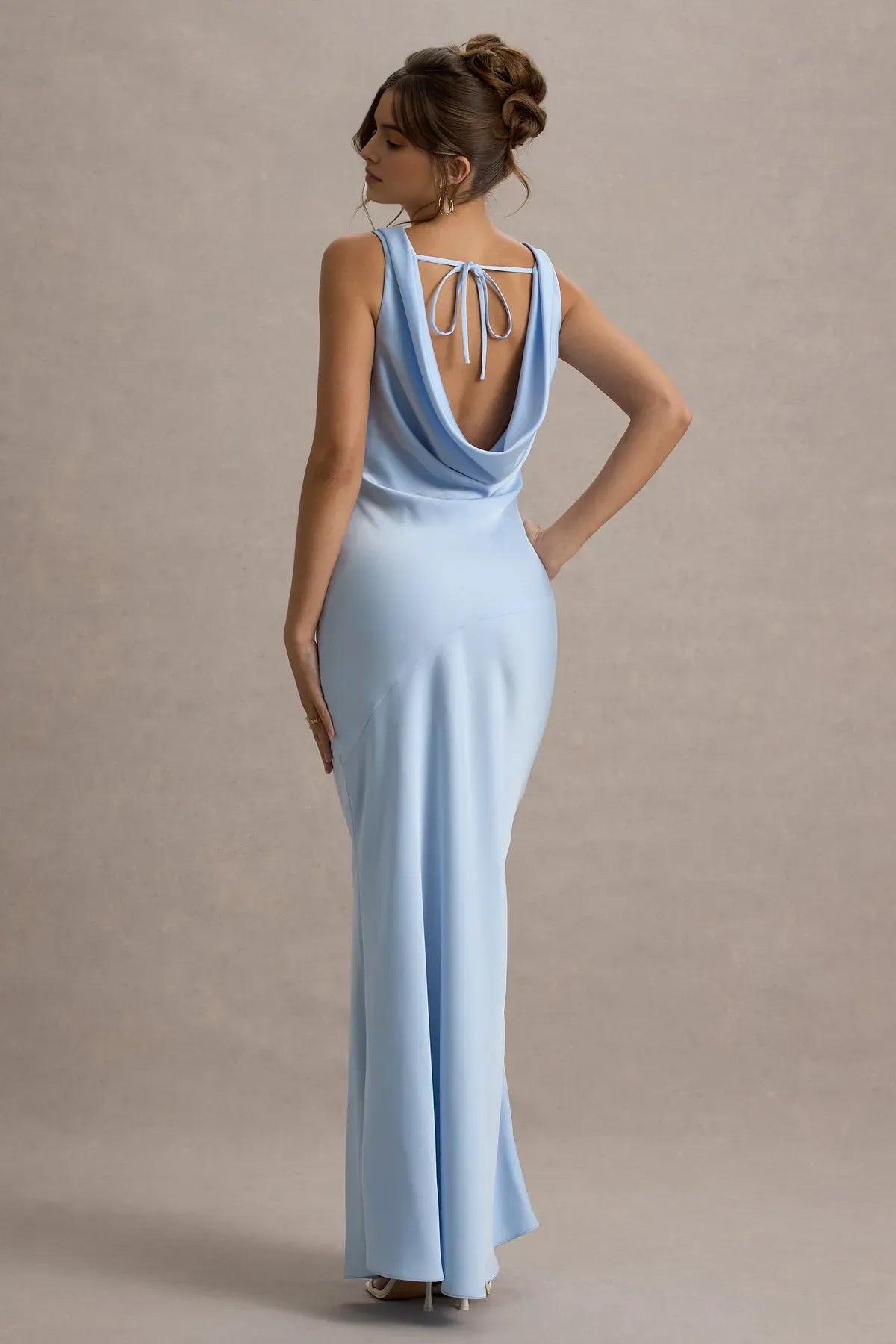 Sky Blue Cowl Neck Prom Dress - Elegant Sleeveless Maxi Gown with Asymmetric Detail
