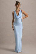 Sky Blue Cowl Neck Prom Dress - Elegant Sleeveless Maxi Gown with Asymmetric Detail