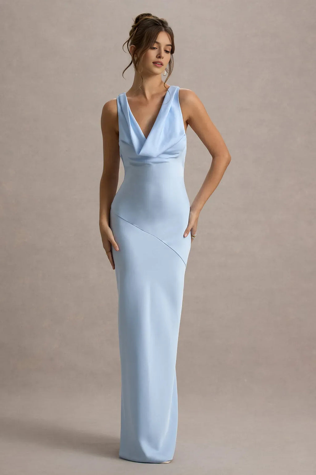 Sky Blue Cowl Neck Prom Dress - Elegant Sleeveless Maxi Gown with Asymmetric Detail