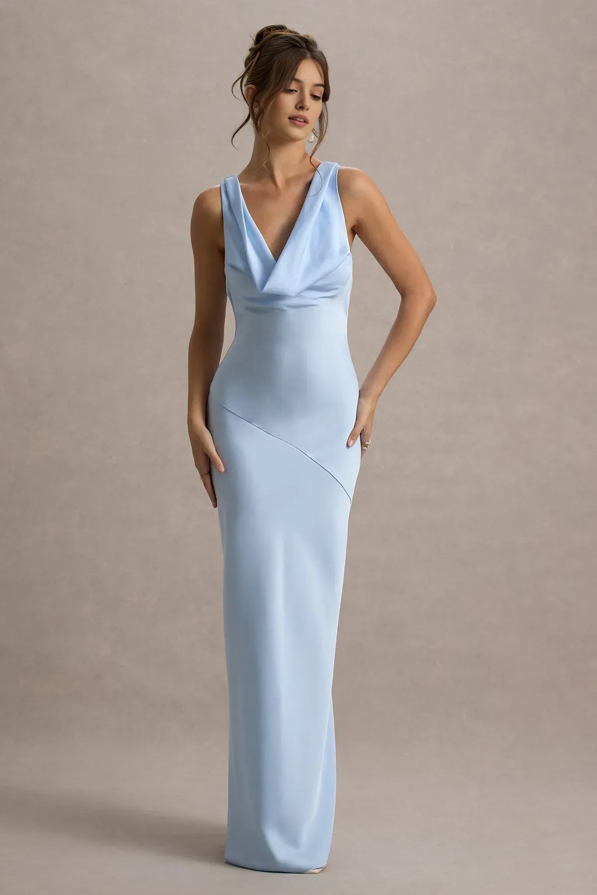Sky Blue Cowl Neck Prom Dress - Elegant Sleeveless Maxi Gown with Asymmetric Detail