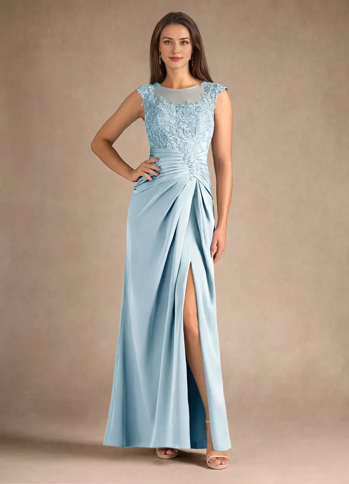Special Occasion Sophisticated Graceful Elegant Blue Satin Sheath Scoop Neck Sleeveless Evening Dress