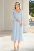 Sky Blue V-Neck Tea Length Mother of the Bride Dress