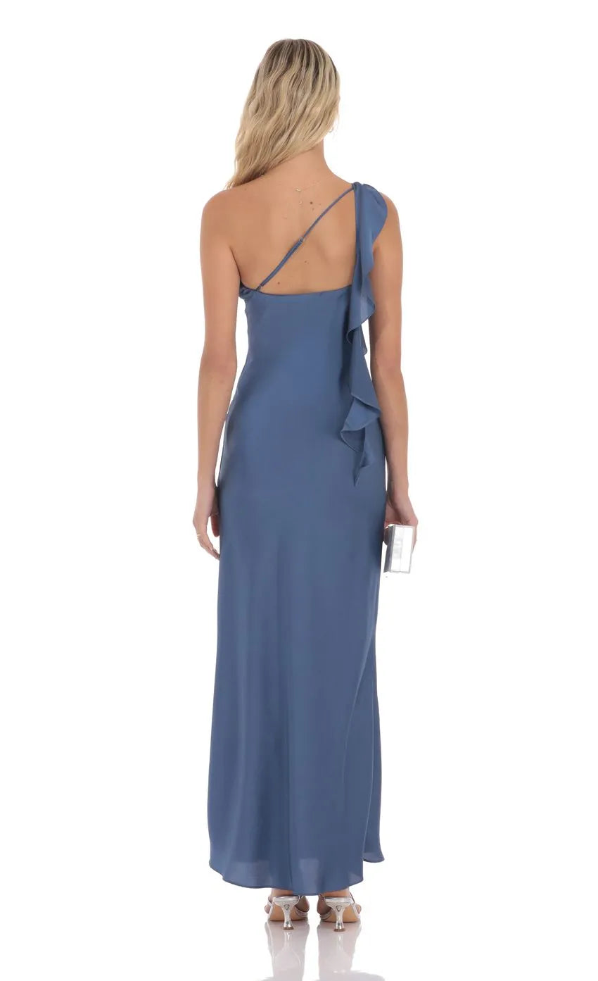 Blue Slate One - Shoulder Prom Dress with Asymmetric Drape Bow Back Detail and Floor Length Silhouette A Fashion