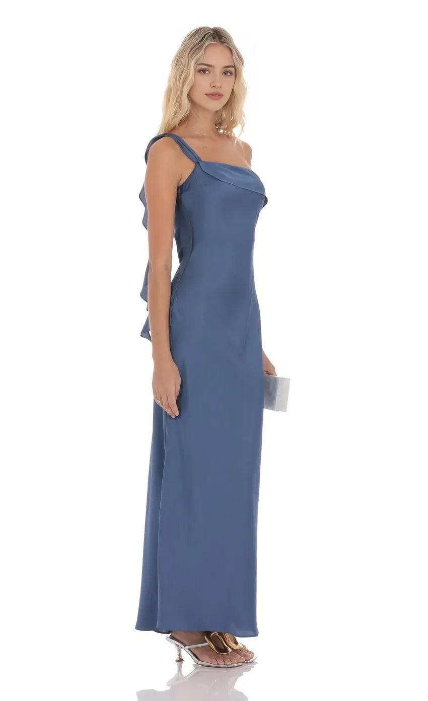 Blue Slate One - Shoulder Prom Dress with Asymmetric Drape Bow Back Detail and Floor Length Silhouette A Fashion