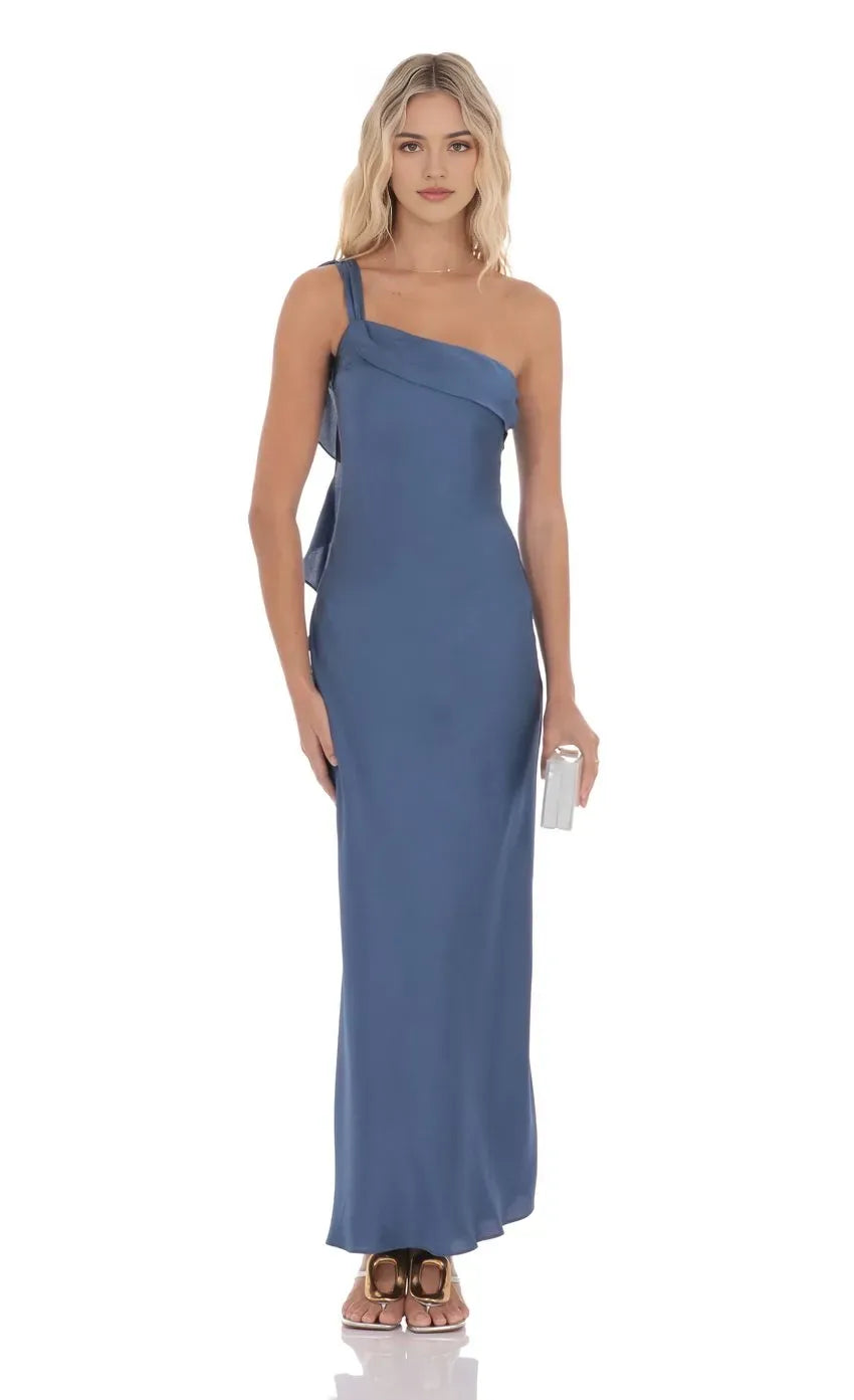 Blue Slate One - Shoulder Prom Dress with Asymmetric Drape Bow Back Detail and Floor Length Silhouette A Fashion
