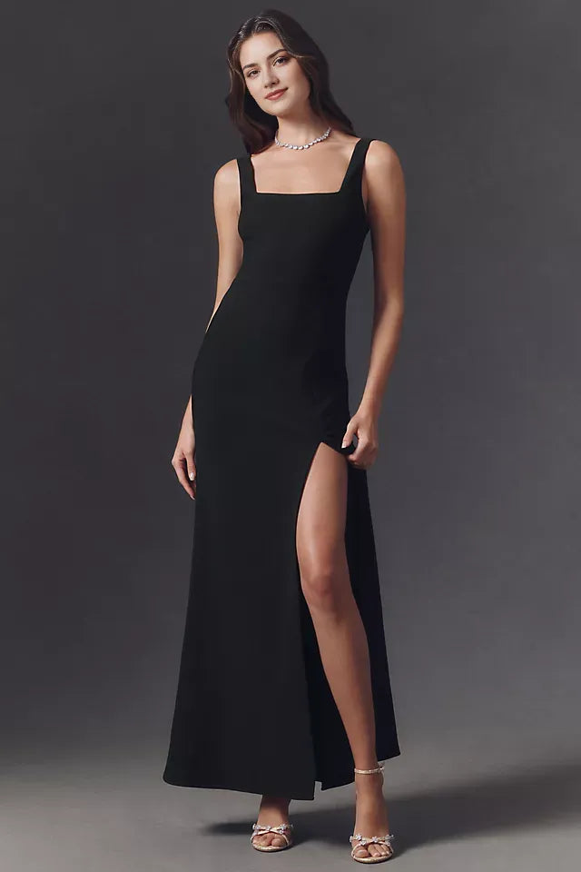 Black Sleek Mermaid Square-Neck Wide-Strap Back Zip Floor-Length Prom Dress for sale