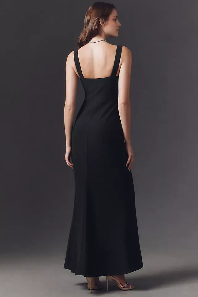 Black Sleek Mermaid Square-Neck Wide-Strap Back Zip Floor-Length Prom Dress for sale