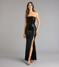 Black Sleek Mermaid Sweetheart Strapless Ruched-Bodice Back Zip Floor-Length Prom Dress with Slit