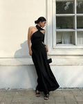 Black Sleek Halter Neck Sleeveless Backless Floor-Length Prom Dress For Women Hot Sale