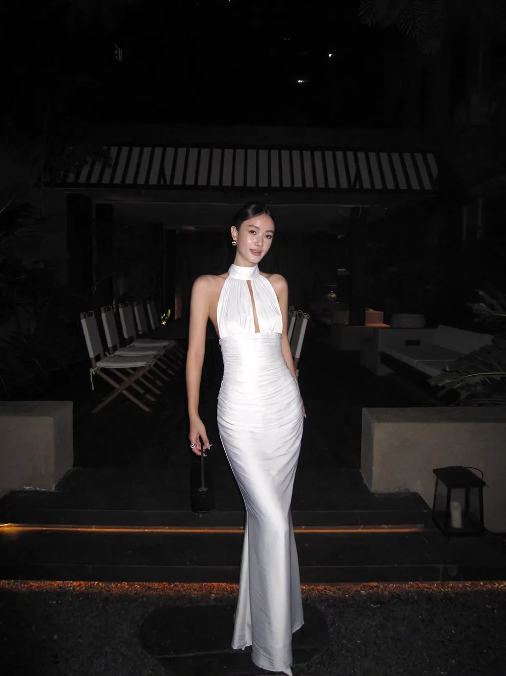 White Sleek Mermaid Halter-Neck Sleeveless Ruched Long Prom Dresses