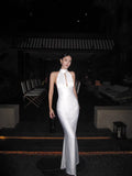 White Sleek Mermaid Halter-Neck Sleeveless Ruched Long Prom Dresses