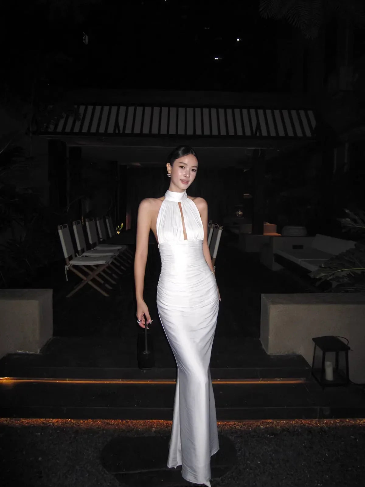 White Sleek Mermaid Halter-Neck Sleeveless Ruched Long Prom Dresses