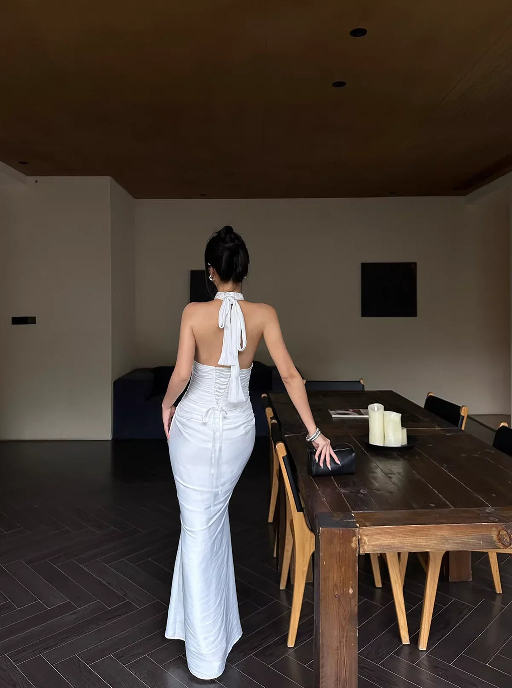 White Sleek Mermaid Halter-Neck Sleeveless Ruched Long Prom Dresses