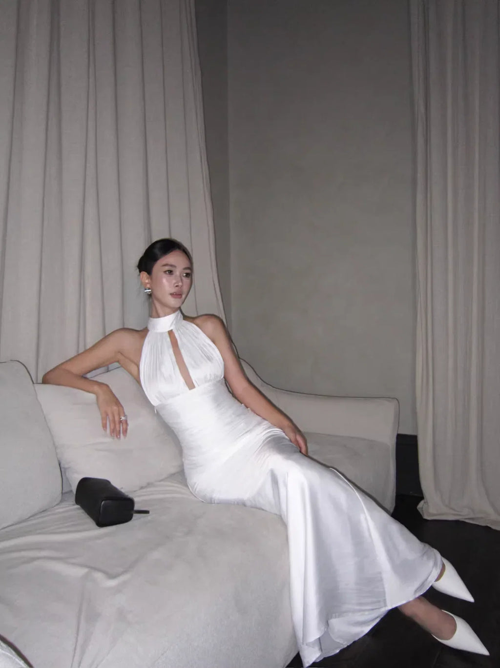 White Sleek Mermaid Halter-Neck Sleeveless Ruched Long Prom Dresses