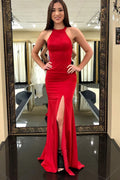 Red Sleek Mermaid Halter Sleeveless Floor-Length Prom Dress