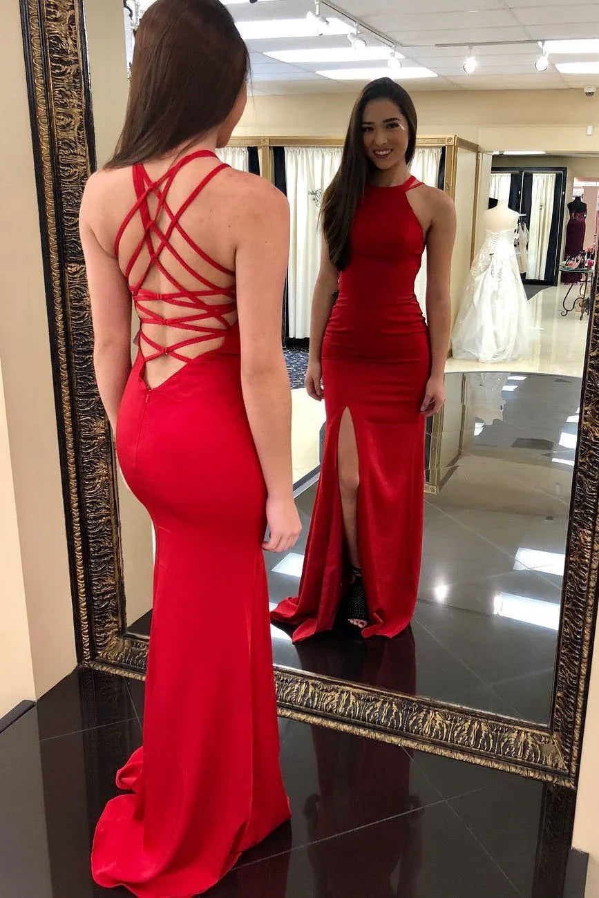 Red Sleek Mermaid Halter Sleeveless Floor-Length Prom Dress