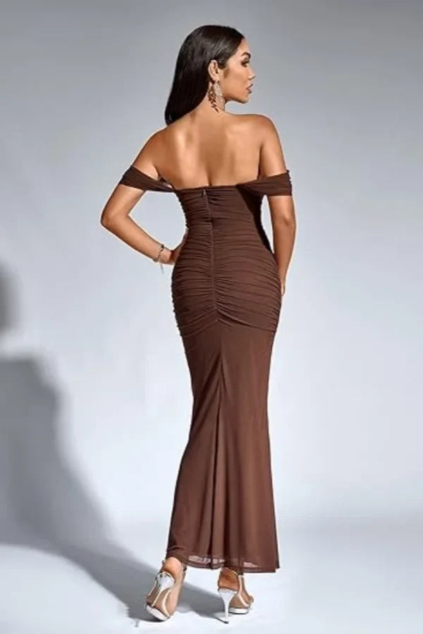 Brown Sleek Mermaid Off-Shoulder Ruched Prom Dress