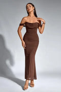 Brown Sleek Mermaid Off-Shoulder Ruched Prom Dress
