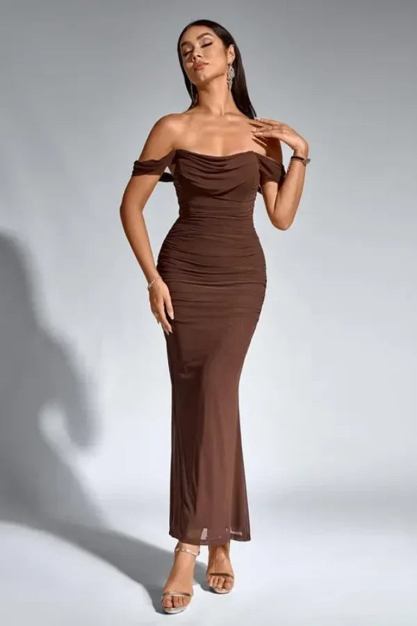Brown Sleek Mermaid Off-Shoulder Ruched Prom Dress