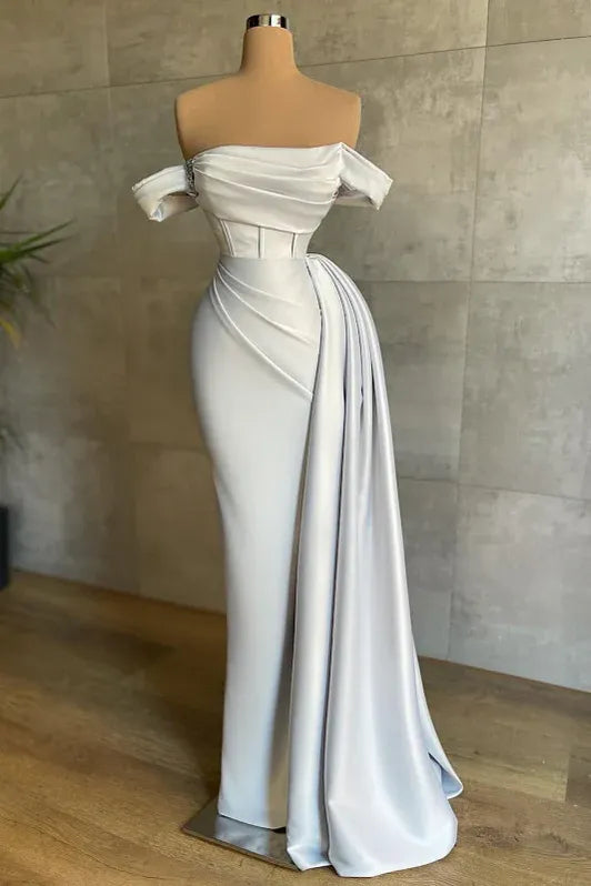 White Sleek Mermaid Off-Shoulder Short-Sleeve Ruched Maxi Prom Dress for Women Custom