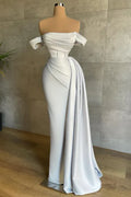 White Sleek Mermaid Off-Shoulder Short-Sleeve Ruched Maxi Prom Dress for Women Custom