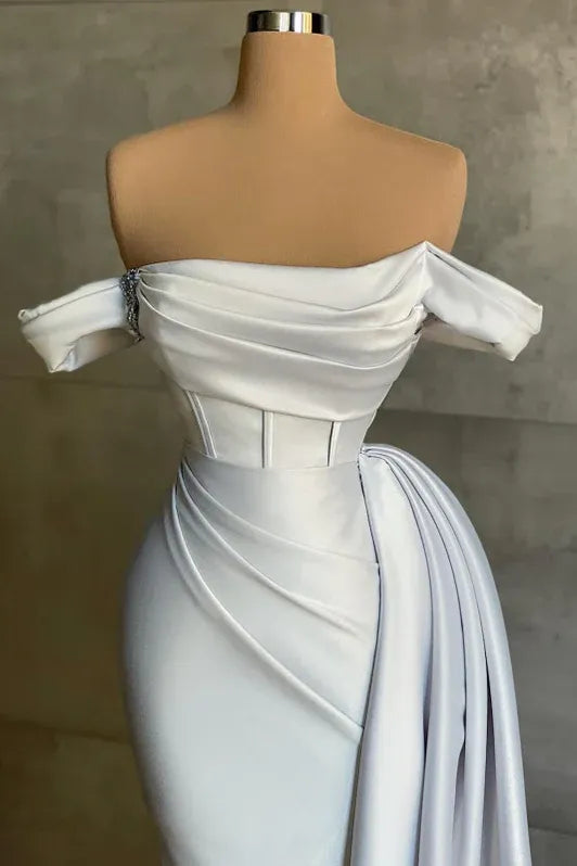 White Sleek Mermaid Off-Shoulder Short-Sleeve Ruched Maxi Prom Dress for Women Custom