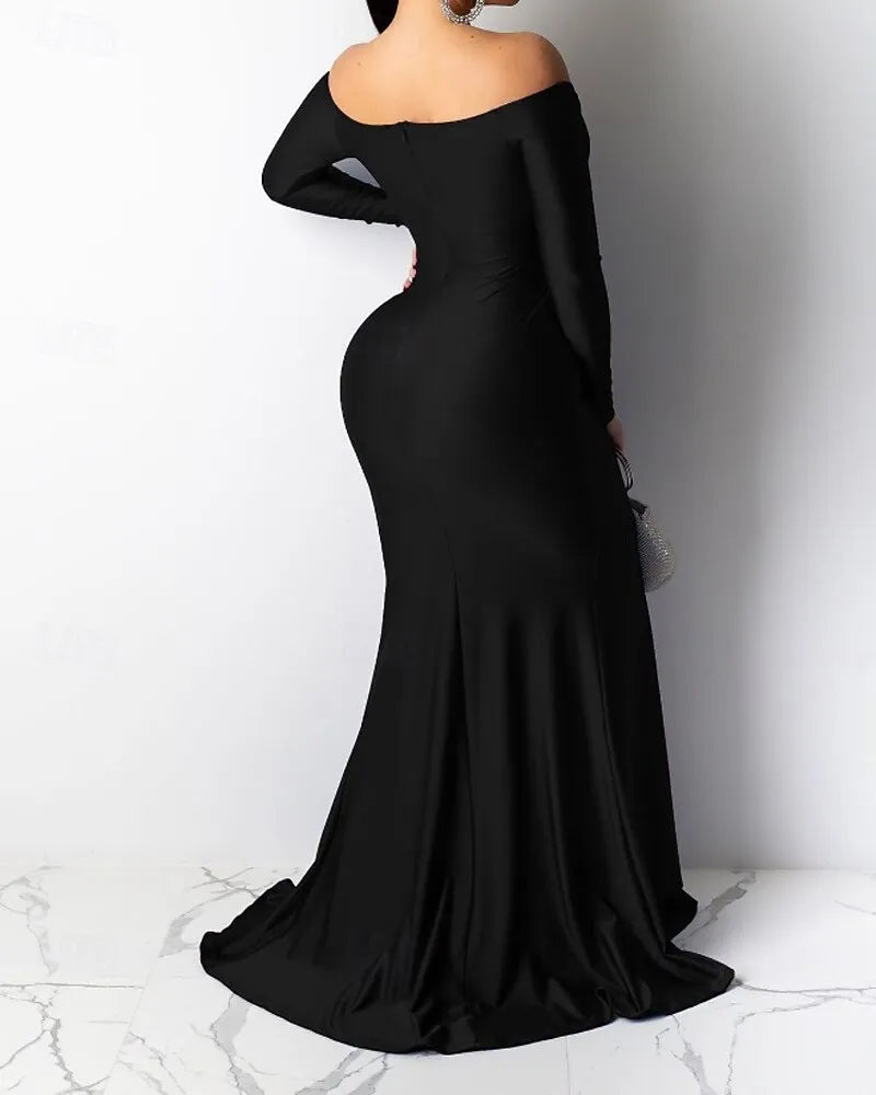 Black Sleek Mermaid Off Shoulder Ruched Slit Floor Length Prom Dress