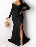 Black Sleek Mermaid Off Shoulder Ruched Slit Floor Length Prom Dress