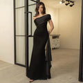 Black Sleek Mermaid One Shoulder Draped Sashed Floor Length Prom Dress