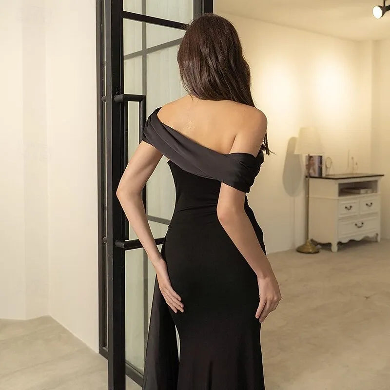 Black Sleek Mermaid One Shoulder Draped Sashed Floor Length Prom Dress