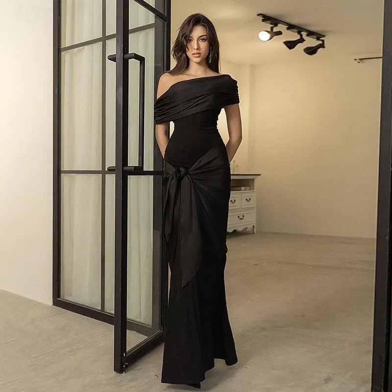 Black Sleek Mermaid One Shoulder Draped Sashed Floor Length Prom Dress