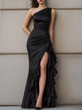 Black Sleek Mermaid One Shoulder Ruched Ruffle Long Prom Dresses