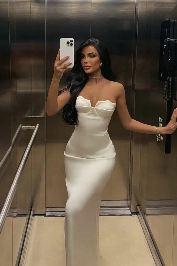 White Sleek Mermaid Strapless Floor-Length Prom Dress