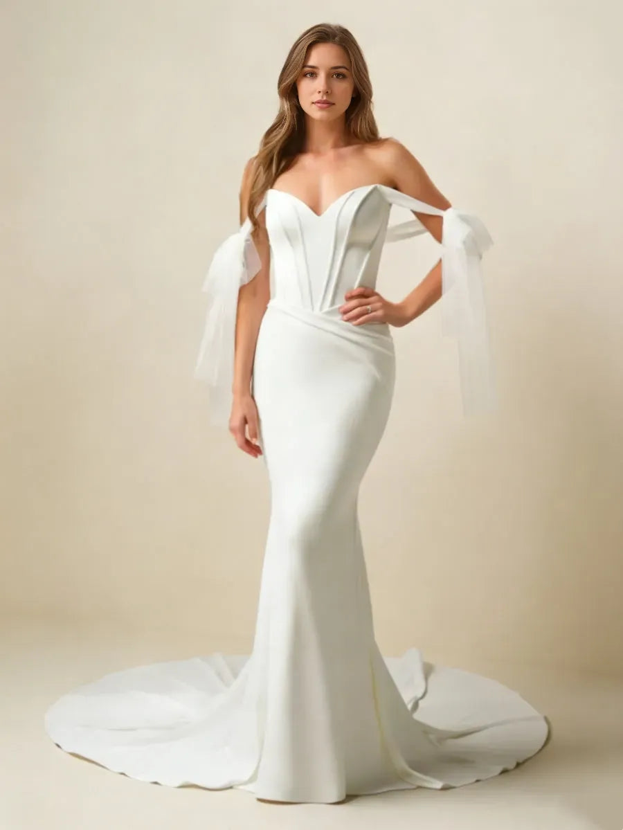 Sleek Mermaid Sweetheart Neck Off-Shoulder Bow Back Sweep Train Ruched Wedding Dresses