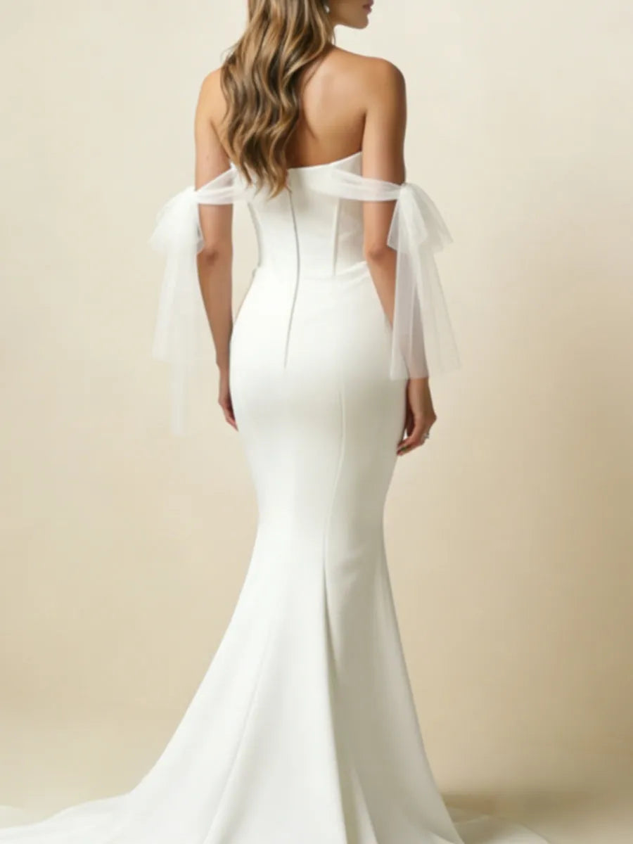 Sleek Mermaid Sweetheart Neck Off-Shoulder Bow Back Sweep Train Ruched Wedding Dresses