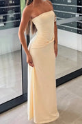 Sleek Sheath Strapless Sleeveless Ruched Floor-Length Prom Dress