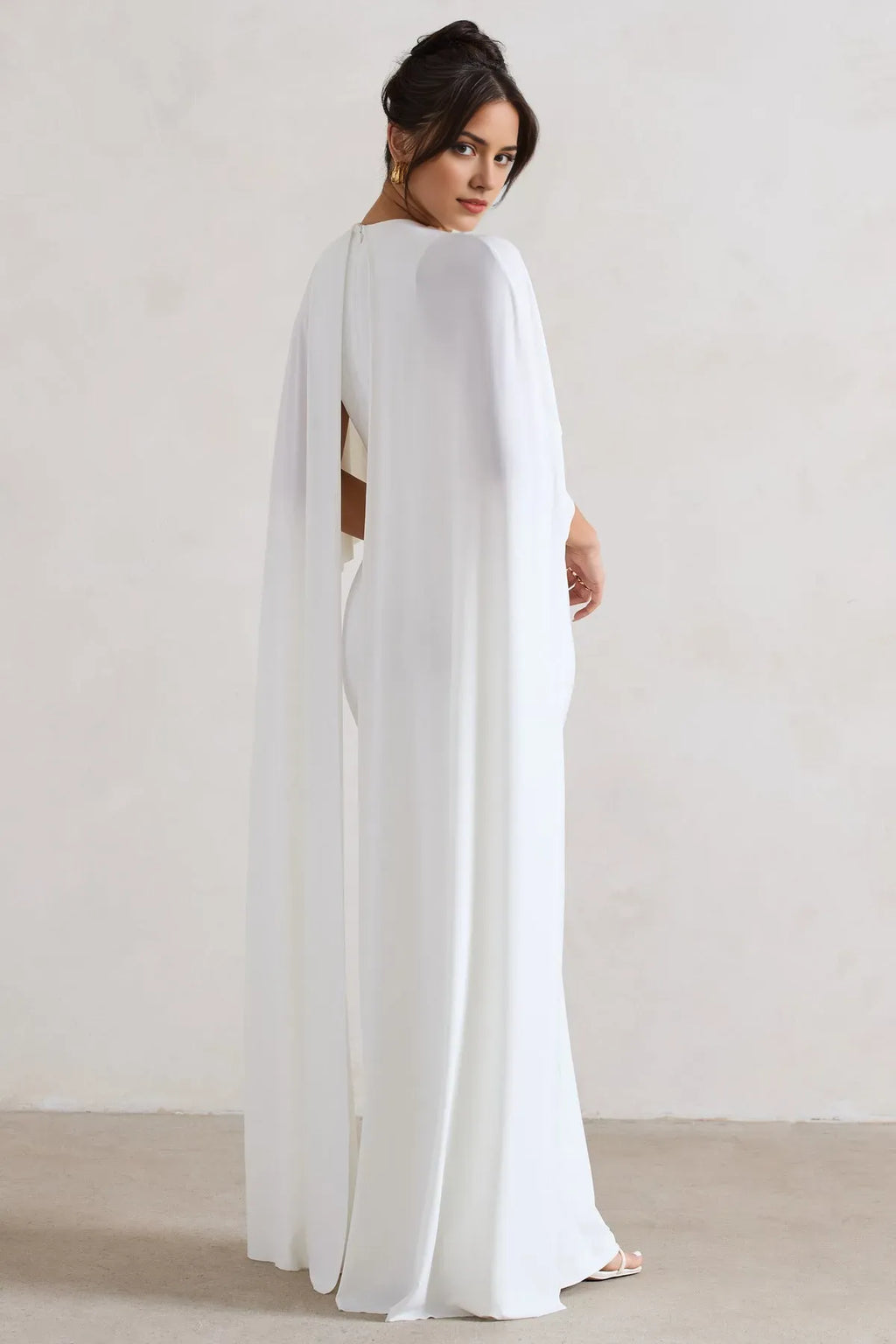 White Sleek Cape - Accented Prom Dresses High - Neck Floor Length Silhouette for Glamorous Prom Nights & Formal Galas