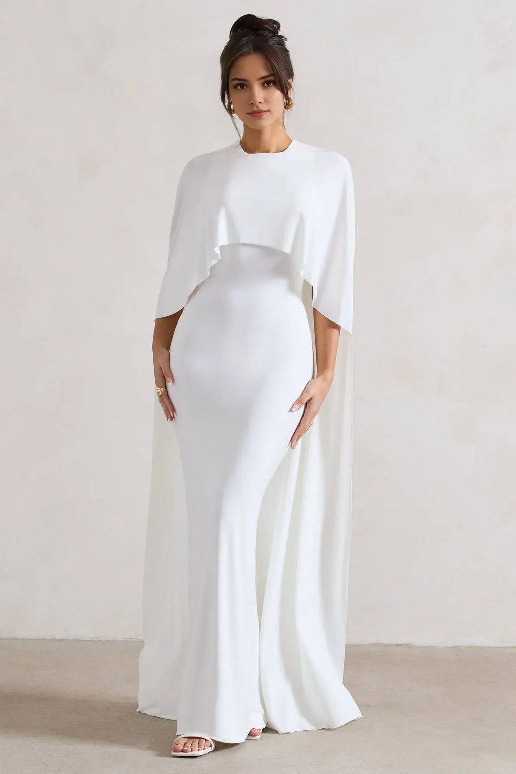 White Sleek Cape - Accented Prom Dresses High - Neck Floor Length Silhouette for Glamorous Prom Nights & Formal Galas