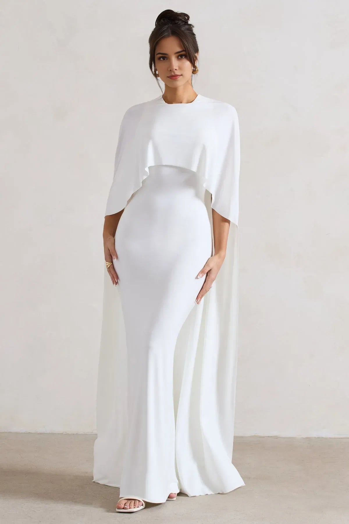 White Sleek Cape - Accented Prom Dresses High - Neck Floor Length Silhouette for Glamorous Prom Nights & Formal Galas